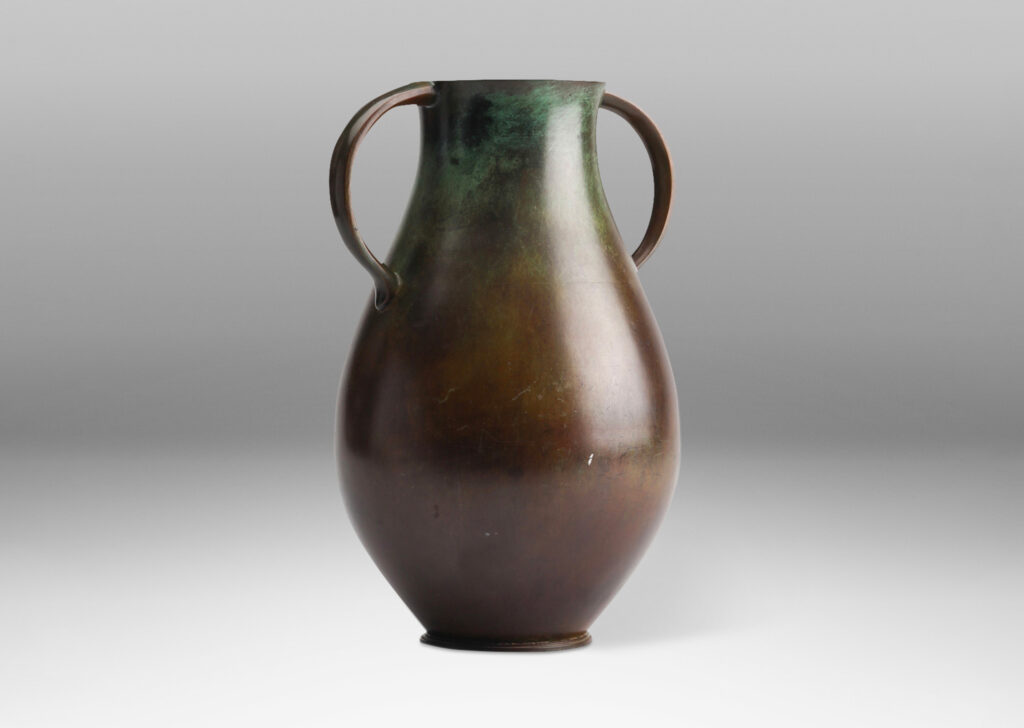 Gallery BAC swelling form with sinuously modeled handles; patinated bronze