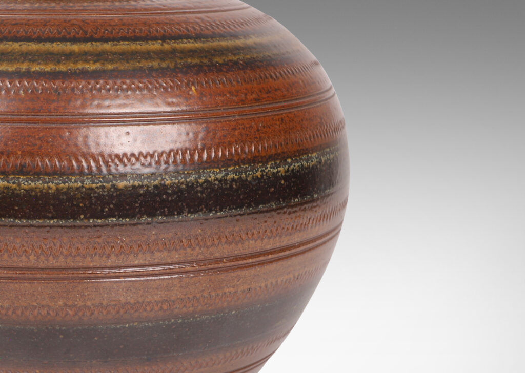 Gallery BAC wide globe form with impressed pinstripes and zig-zags