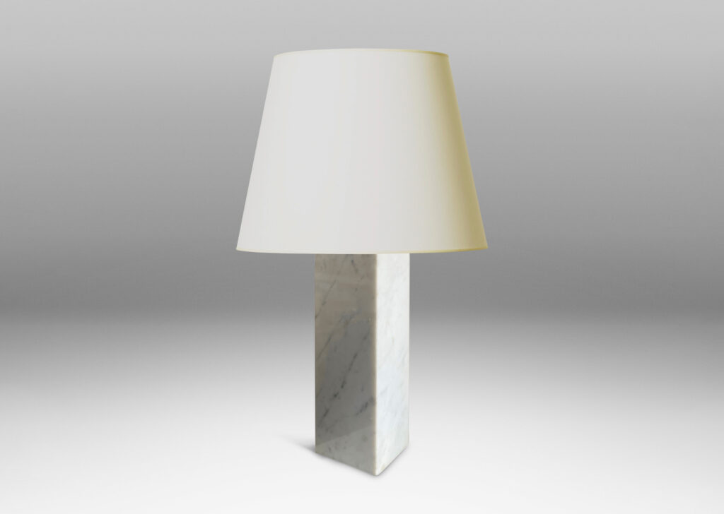 Gallery BAC muscular pedestal forms in solid white marble with light gray veining