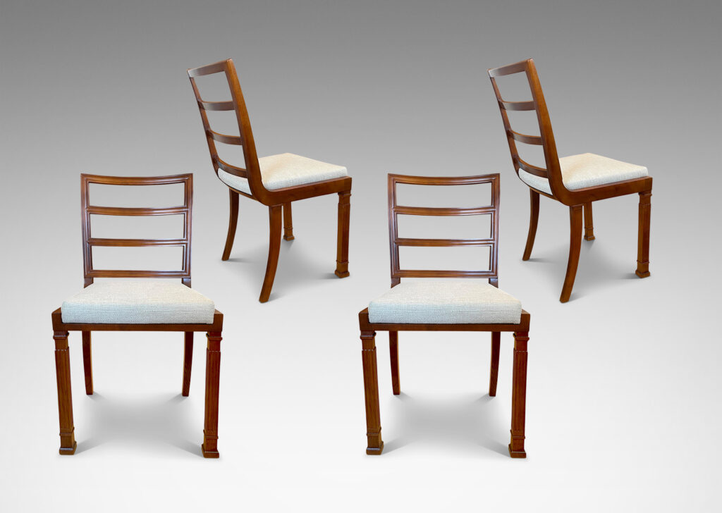 Gallery BAC slightly cantilevered seats, gently curved ladder backs, fluted pillar front legs and sabered back legs