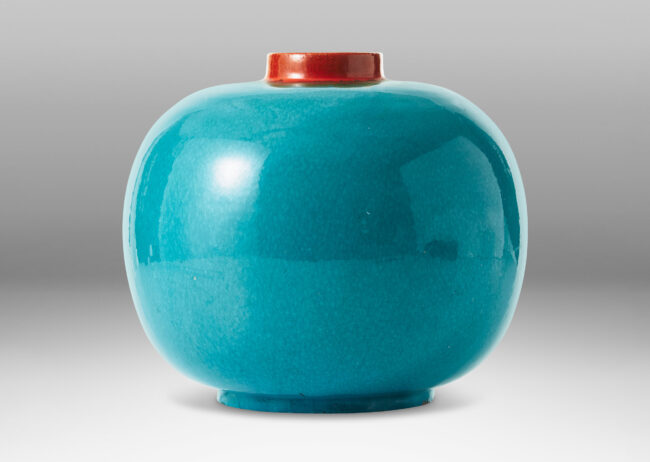 Gallery BAC wide globe form glazed in a saturated cerulean, with collar neck in a bright persimmon orange