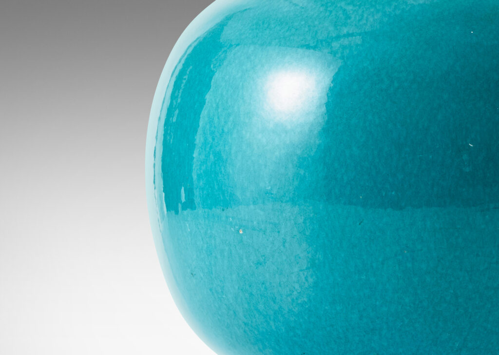 Gallery BAC wide globe form glazed in a saturated cerulean, with collar neck in a bright persimmon orange