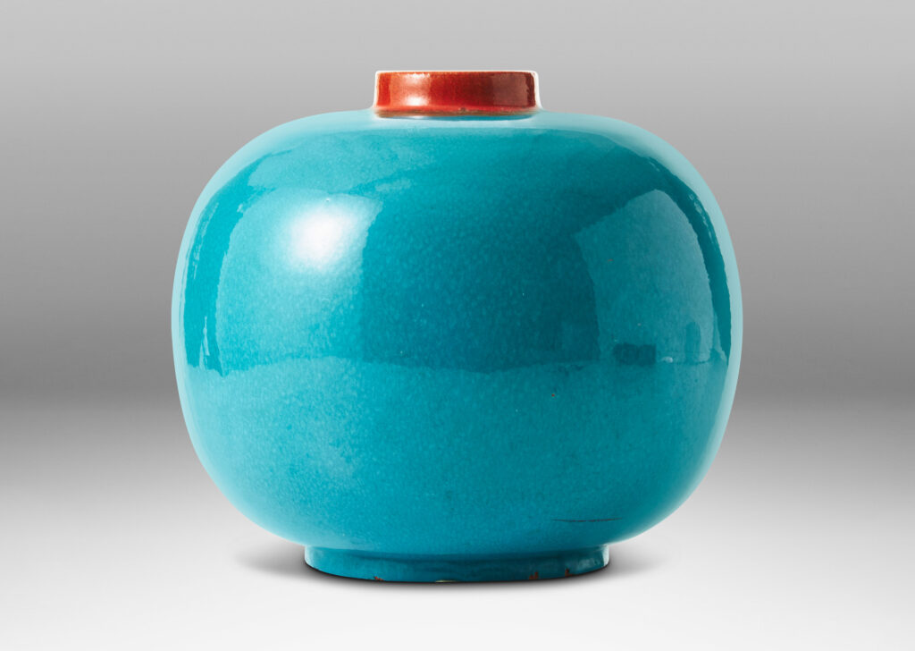 Gallery BAC wide globe form glazed in a saturated cerulean, with collar neck in a bright persimmon orange