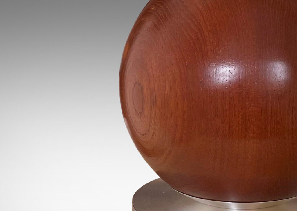 Gallery BAC base comprised of solid mahogany sphere with brushed steel disk plinth and stand mount