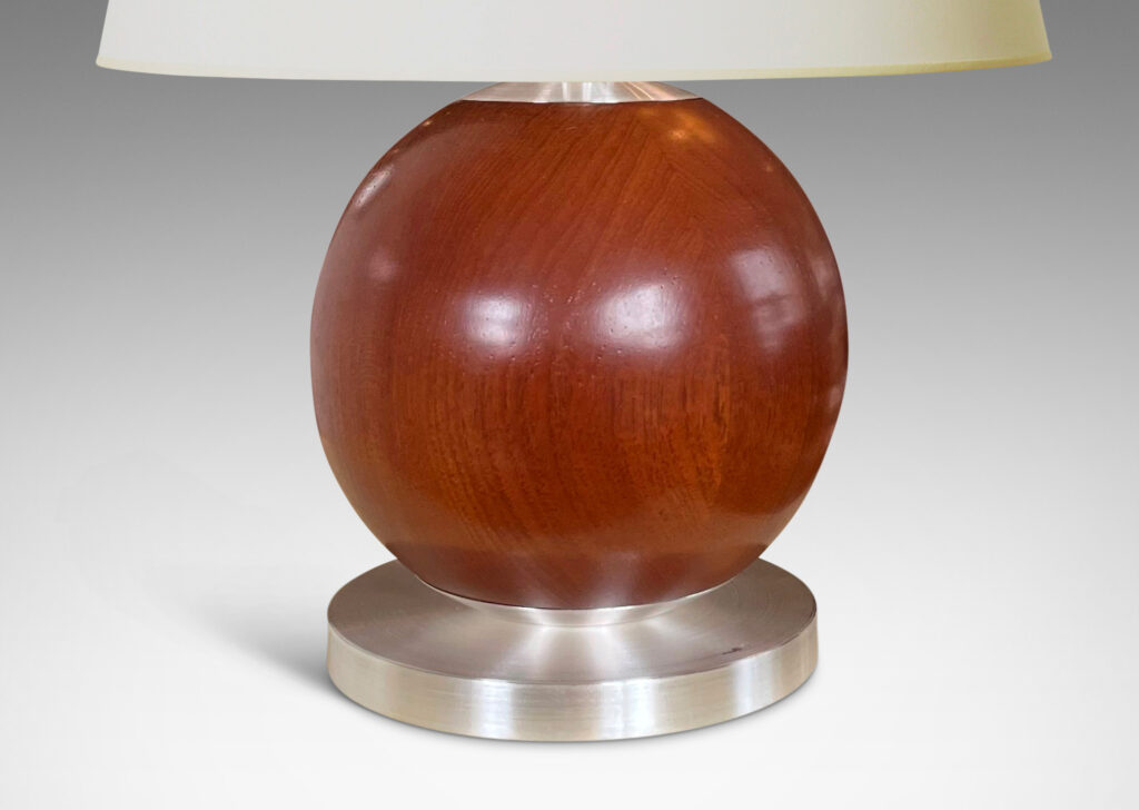 Gallery BAC base comprised of solid mahogany sphere with brushed steel disk plinth and stand mount