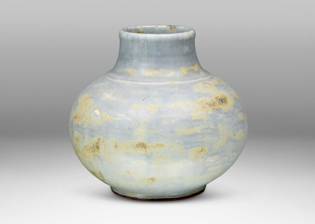 Gallery BAC compressed globe form with wide neck in hand-thrown stoneware with a magnificent blue-gray glaze with ochre dappling