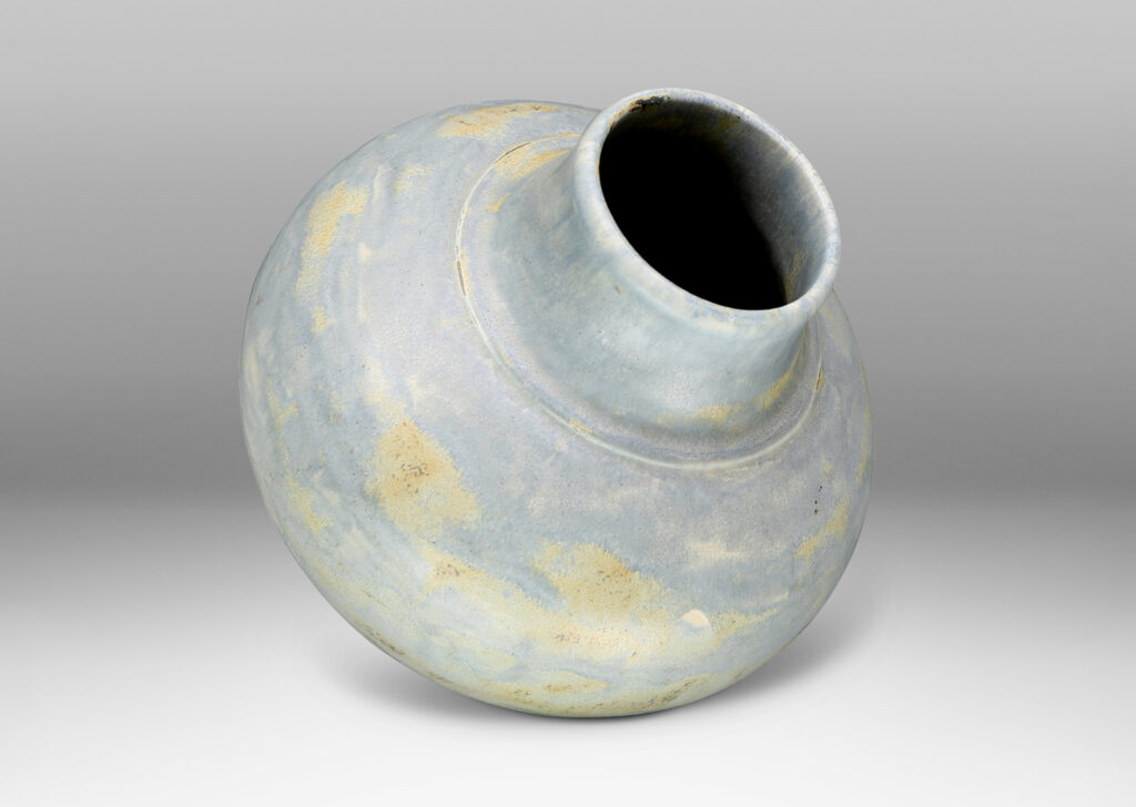 Gallery BAC compressed globe form with wide neck in hand-thrown stoneware with a magnificent blue-gray glaze with ochre dappling