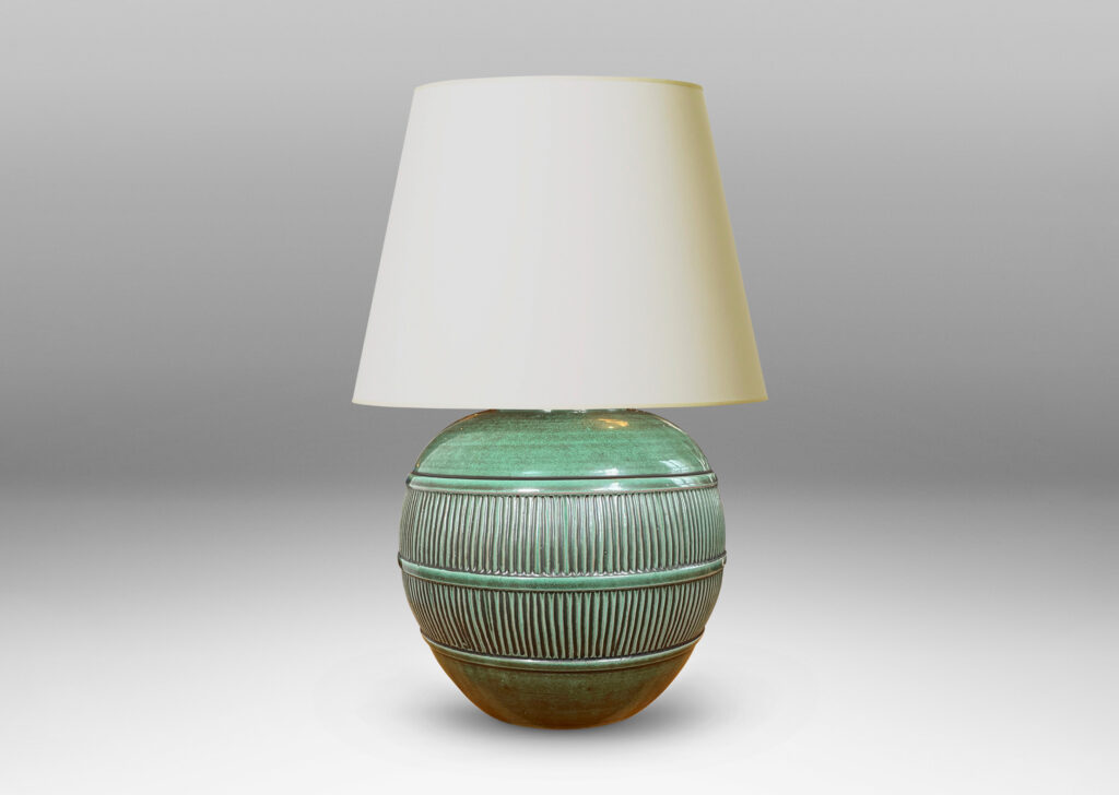 Gallery BAC tapered globe form with wide reeded relief band, earthenware with a tonal green glaze