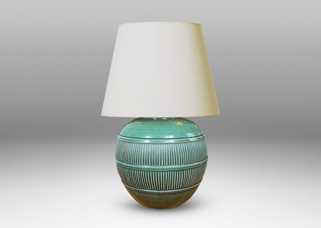 Gallery BAC tapered globe form with wide reeded relief band, earthenware with a tonal green glaze