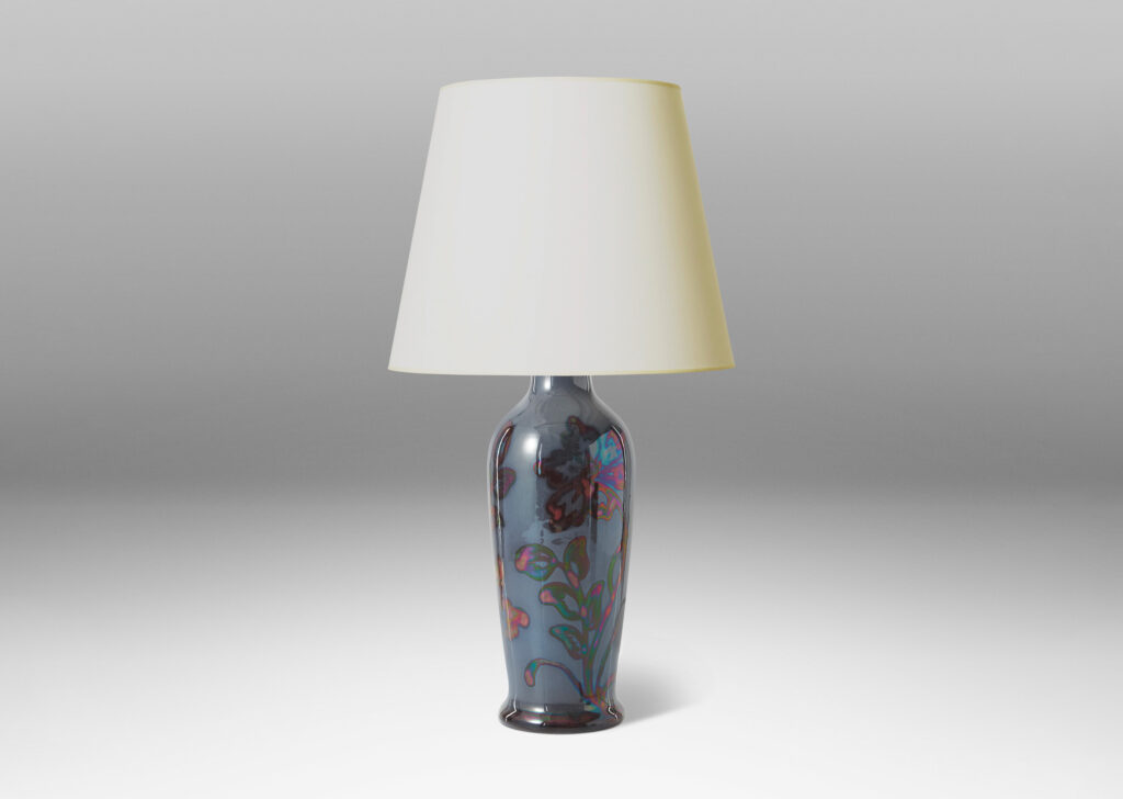 Gallery BAC tall tapered form glazed in a bluish gray with purple-red luster floral pattern