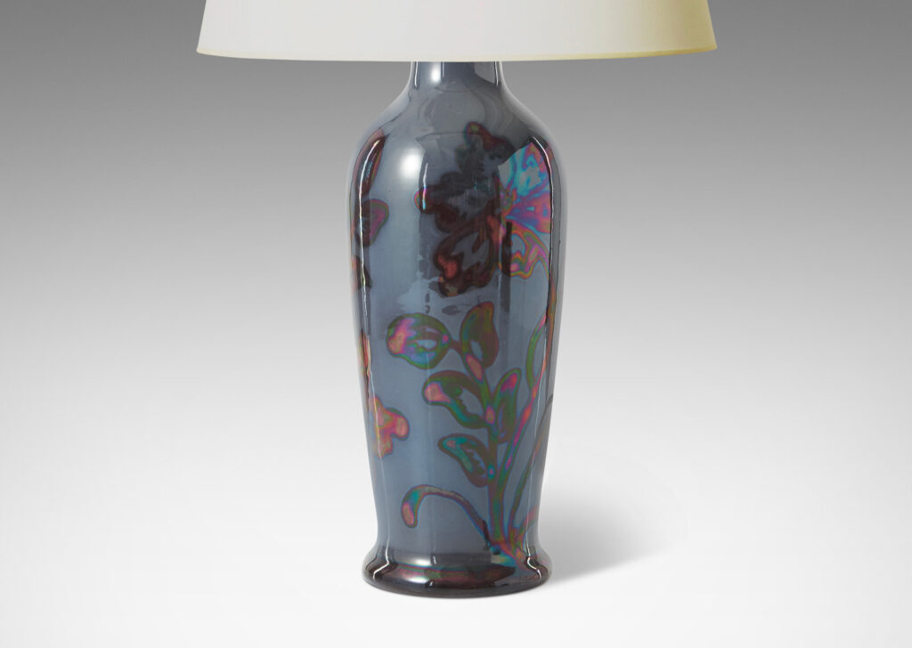 Gallery BAC tall tapered form glazed in a bluish gray with purple-red luster floral pattern