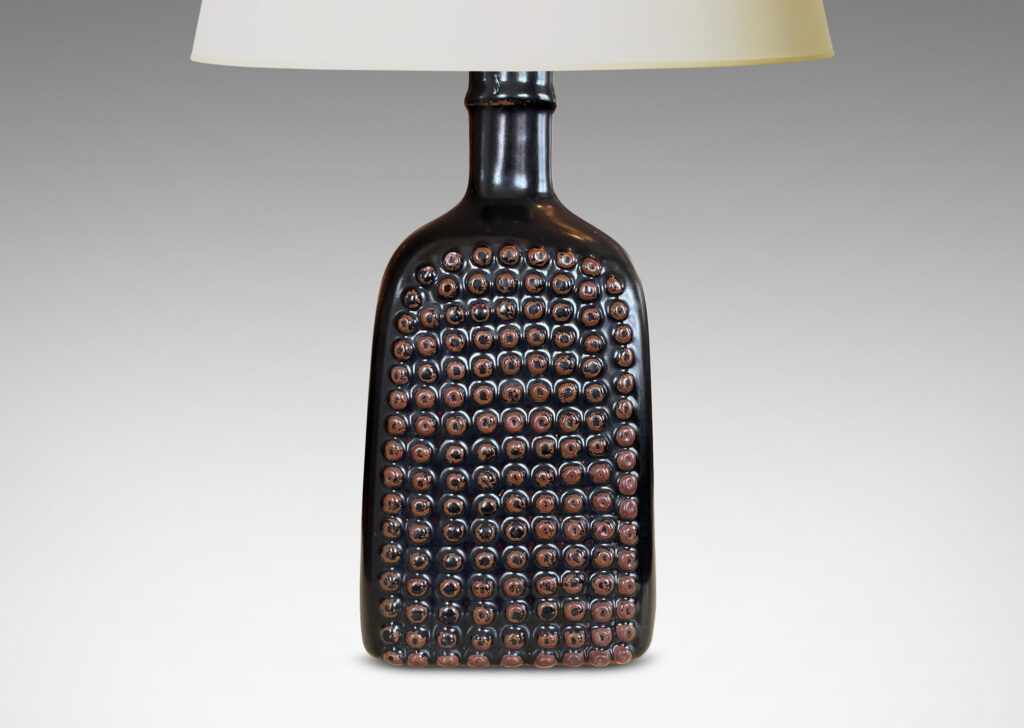 Gallery BAC squared bottle-like form with a grid of cleats on two sides in a chocolate brown glaze