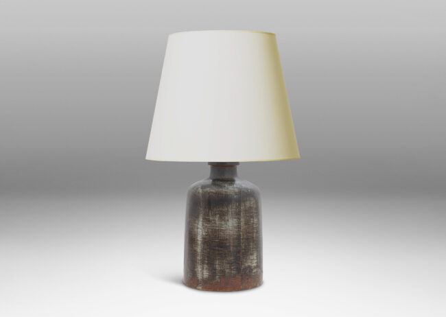 Gallery BAC cylindrical bell form in stoneware with a dry brushed black over green-tinted gray with touches of red luster