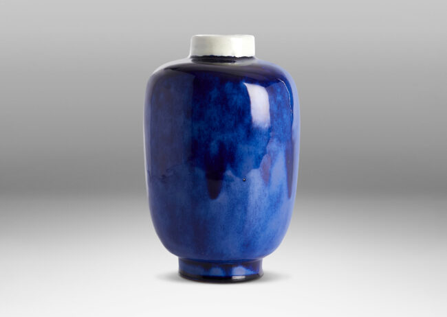 Gallery BAC upright ovoid form in gloss saturated blue, with a collar neck in white