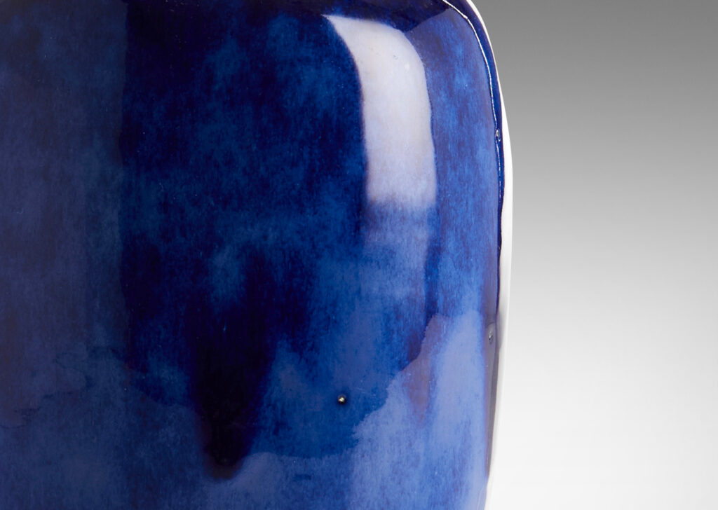 Gallery BAC upright ovoid form in gloss saturated blue, with a collar neck in white