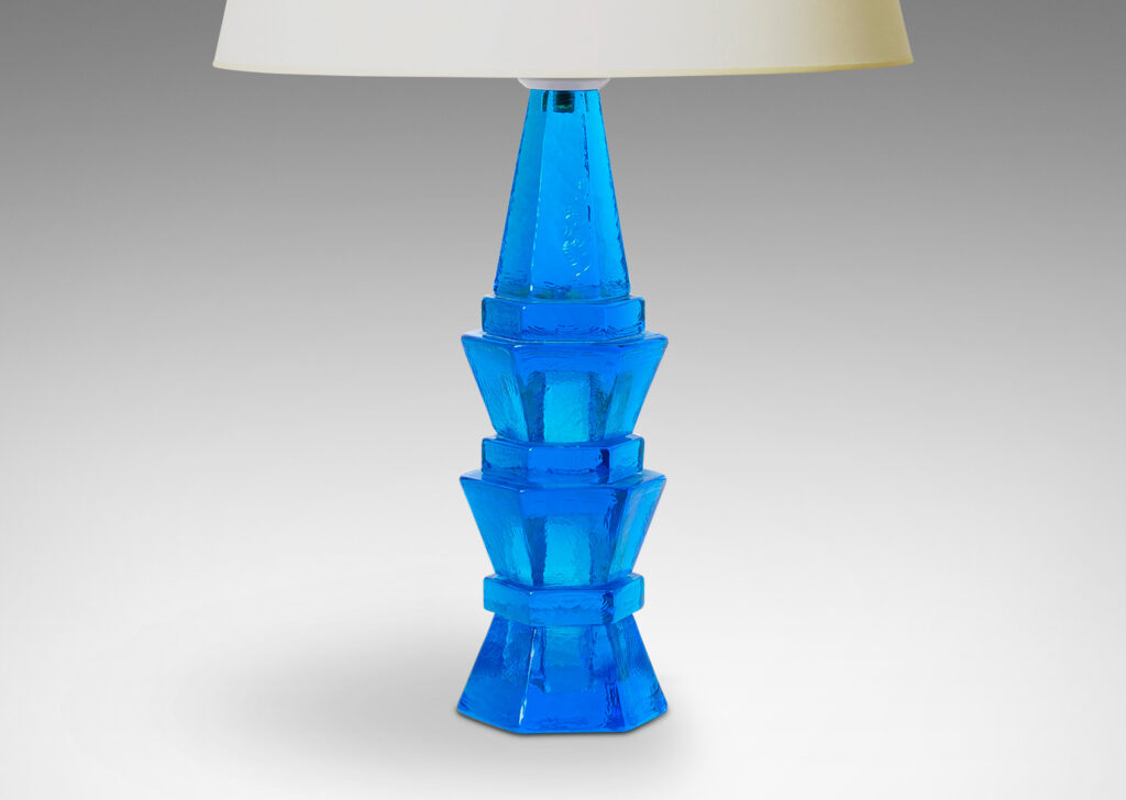 Gallery BAC totemic assemblage of angled forms and dimpled surface in glass in a saturated azure tone