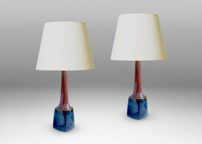 Gallery BAC raked forms with tall attenuated necks, glazed in light brown and lustrous blue