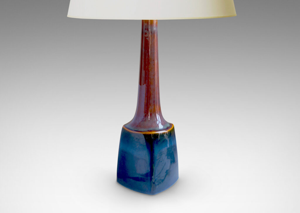 Gallery BAC raked forms with tall attenuated necks, glazed in light brown and lustrous blue