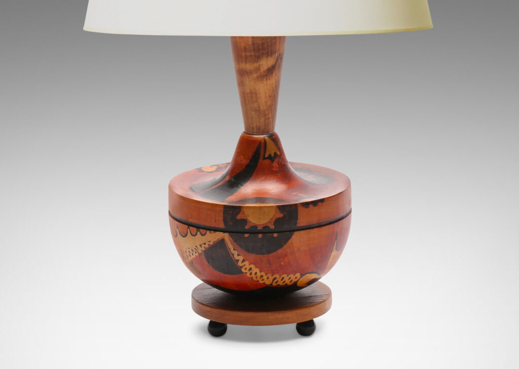 Gallery BAC half-globe form with conical neck and disk plinth, with painted ornaments; birch