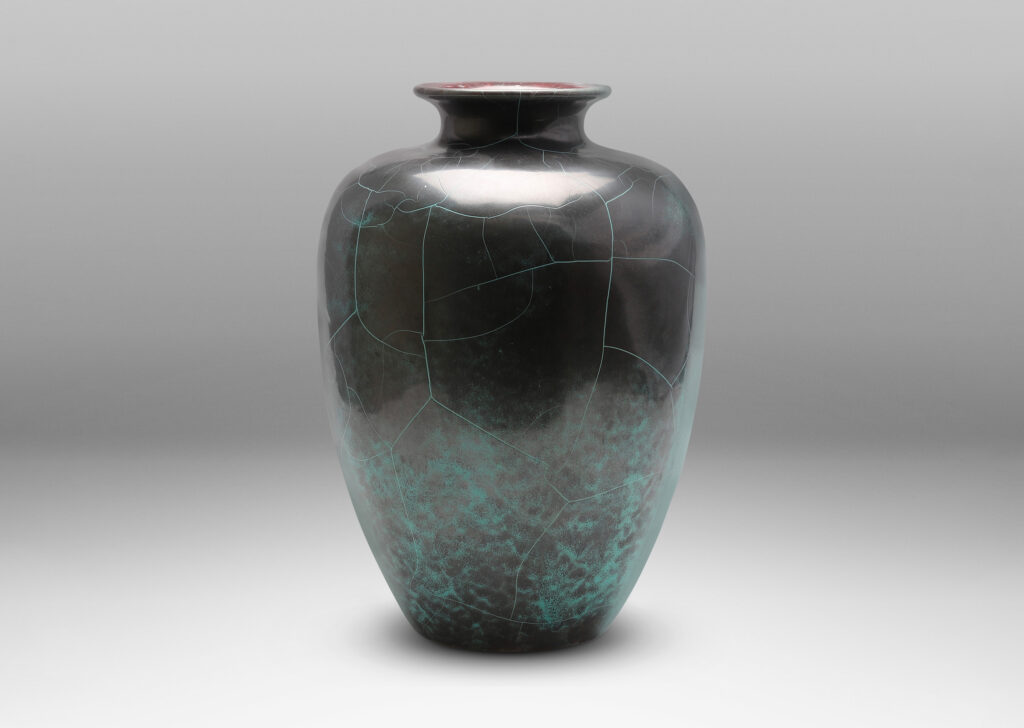 Gallery BAC tapered Art Deco form in a magnificent turquoise-charcoal craquel-glazed earthenware