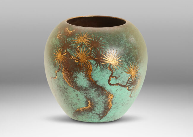 Gallery BAC classic tapered form in verdigris with a black pine design in contrast patination with etched polished touches