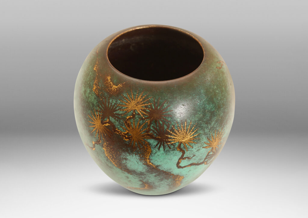 Gallery BAC classic tapered form in verdigris with a black pine design in contrast patination with etched polished touches