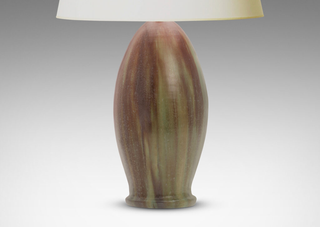 Gallery BAC swelling torpedo-like form with flowing burgundy and celadon-olive glazing