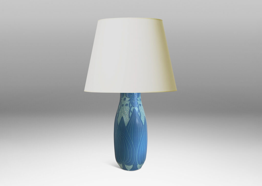 Gallery BAC tall swelling form with carved stylized floral designs in sky and French blue tones