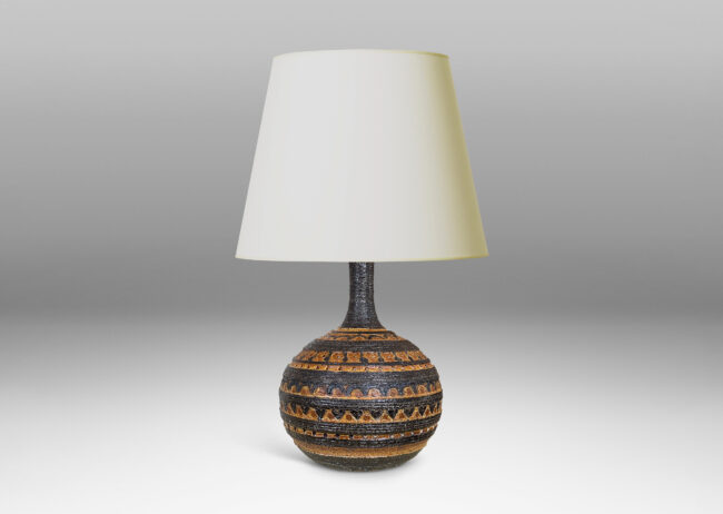 Gallery BAC compressed globe form and sprouting neck, with textured surfaces, stripes, geometrics and piercings in dark, medium and light browns