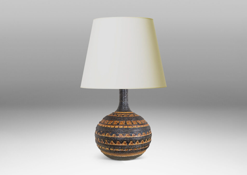 Gallery BAC compressed globe form and sprouting neck, with textured surfaces, stripes, geometrics and piercings in dark, medium and light browns