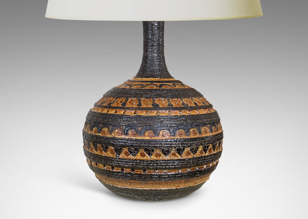 Gallery BAC compressed globe form and sprouting neck, with textured surfaces, stripes, geometrics and piercings in dark, medium and light browns