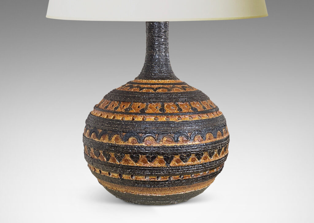 Gallery BAC compressed globe form and sprouting neck, with textured surfaces, stripes, geometrics and piercings in dark, medium and light browns