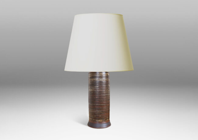 Gallery BAC ridged cylindrical form glazed in a warm brown and pale gray “Sung” glaze with matte brown angled plinth