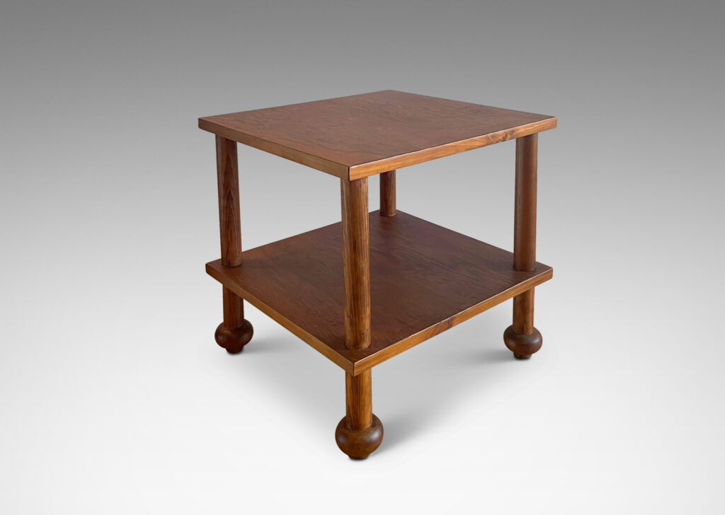 Gallery BAC square top and shelf with four dowel legs with bun cuff feet