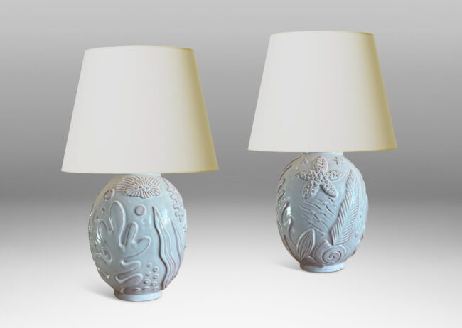 Gallery BAC ovoid form with reliefs depicting marine flora and fauna in a warm eggshell ivory glaze