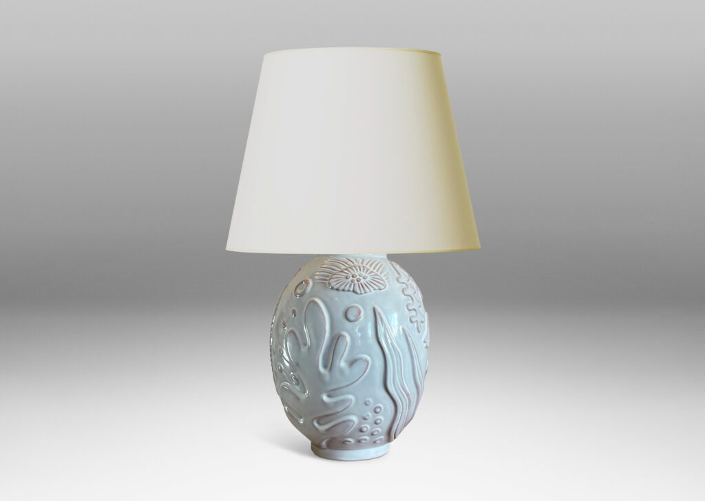 Gallery BAC ovoid form with reliefs depicting marine flora and fauna in a warm eggshell ivory glaze