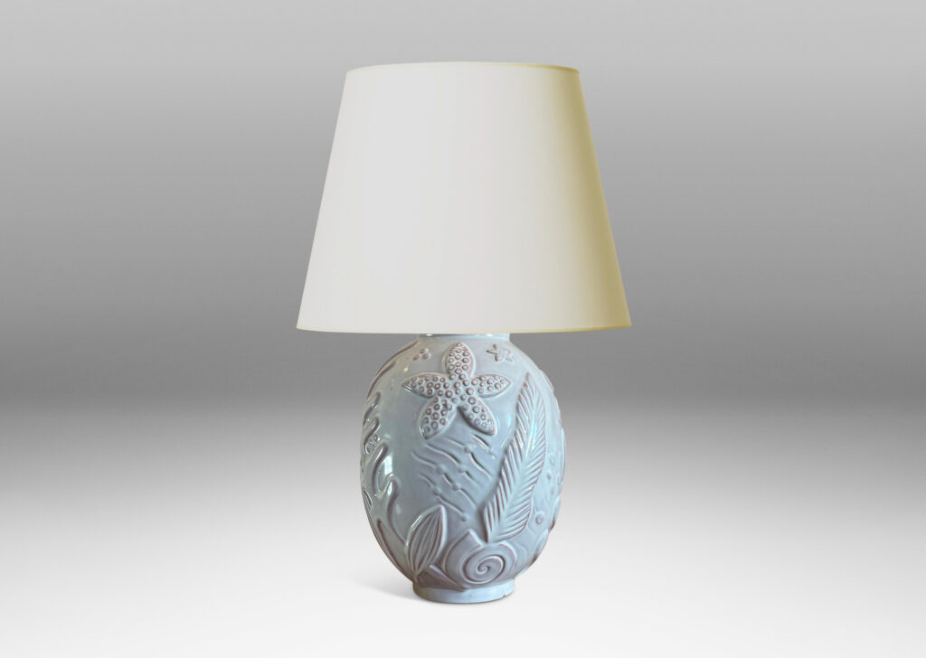 Gallery BAC ovoid form with reliefs depicting marine flora and fauna in a warm eggshell ivory glaze