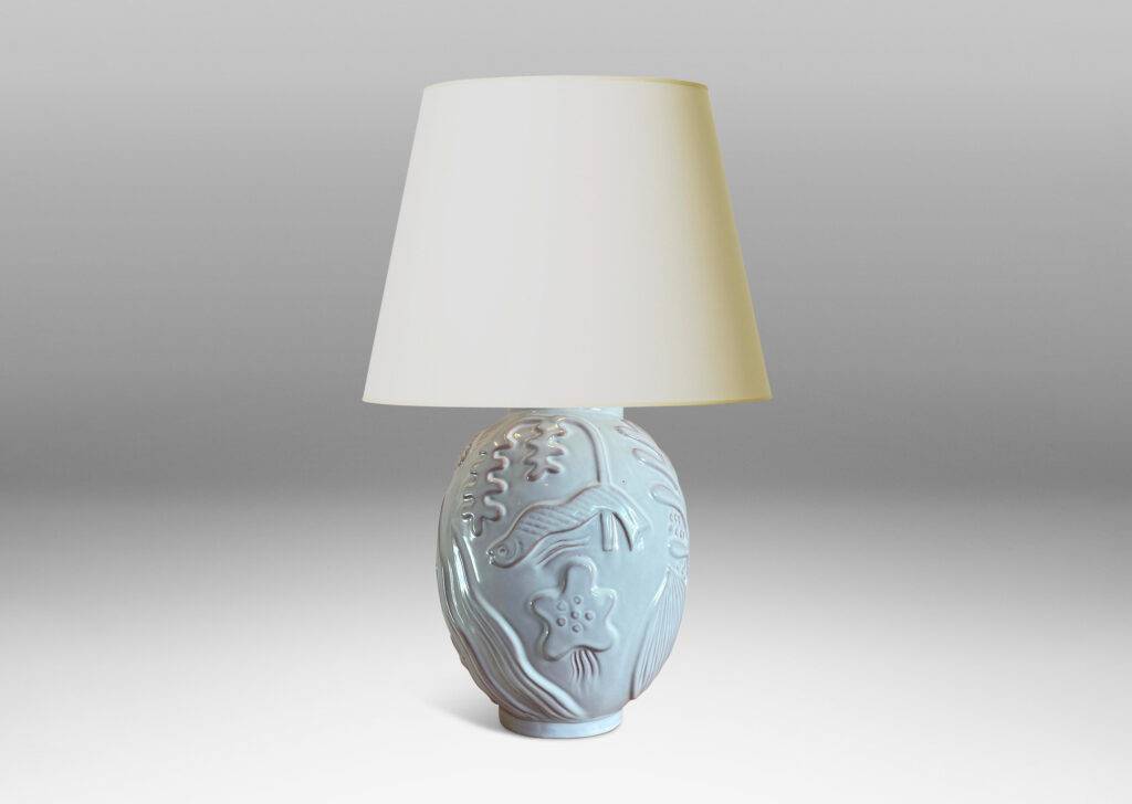 Gallery BAC ovoid form with reliefs depicting marine flora and fauna in a warm eggshell ivory glaze