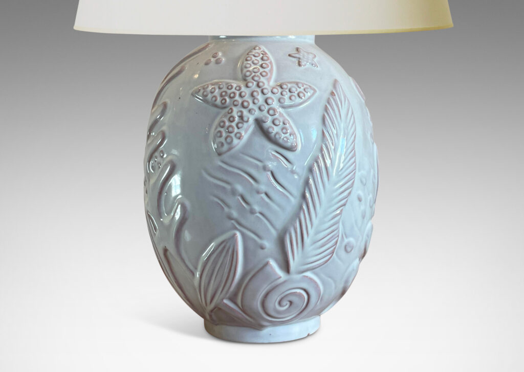 Gallery BAC ovoid form with reliefs depicting marine flora and fauna in a warm eggshell ivory glaze