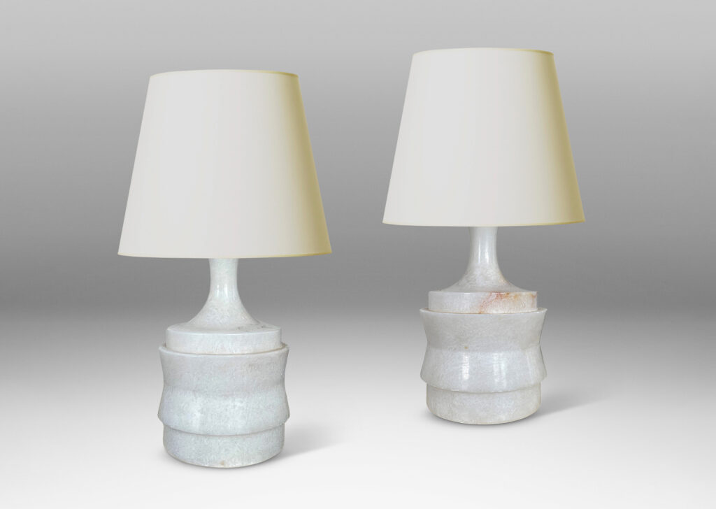 Gallery BAC drum forms with angled sides and coved stands, lathed from solid alabaster