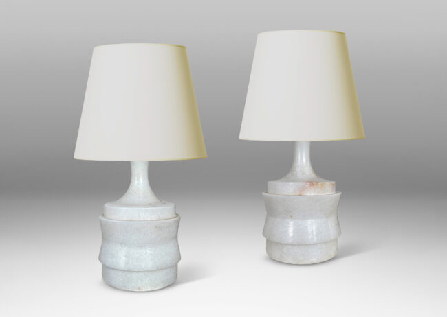 Gallery BAC drum forms with angled sides and coved stands, lathed from solid alabaster