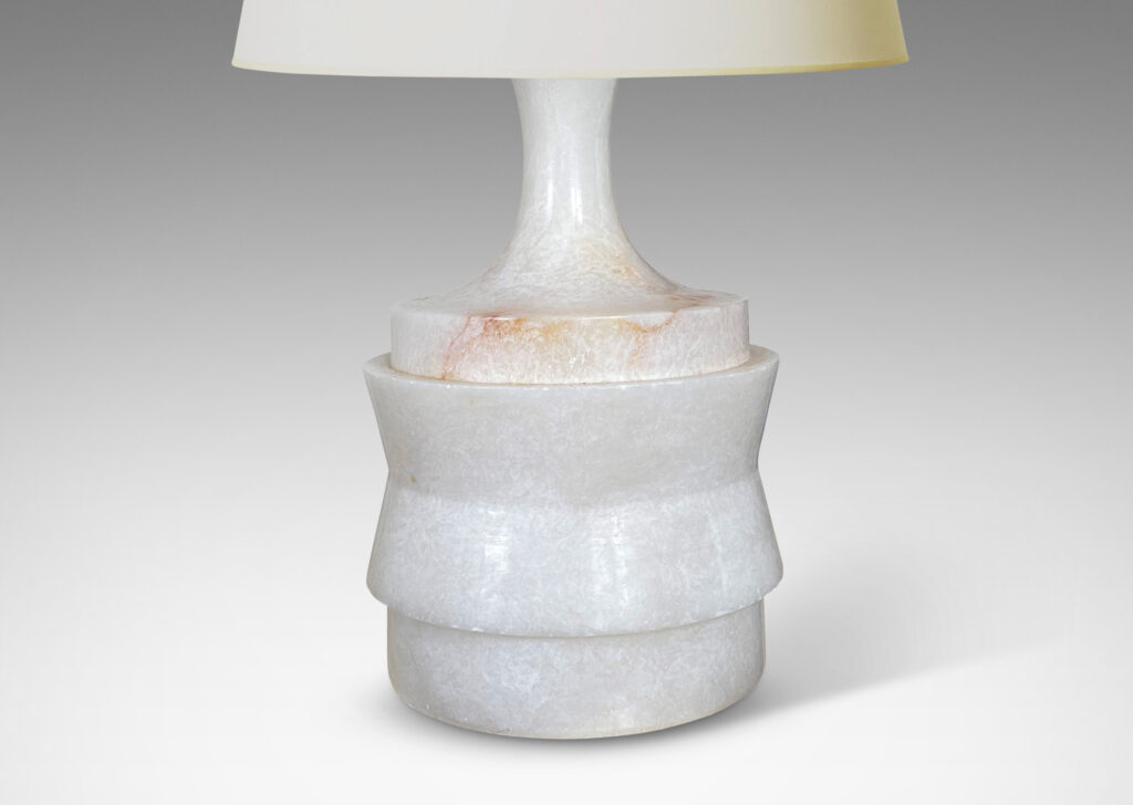 Gallery BAC drum forms with angled sides and coved stands, lathed from solid alabaster