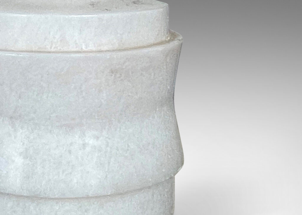 Gallery BAC drum forms with angled sides and coved stands, lathed from solid alabaster