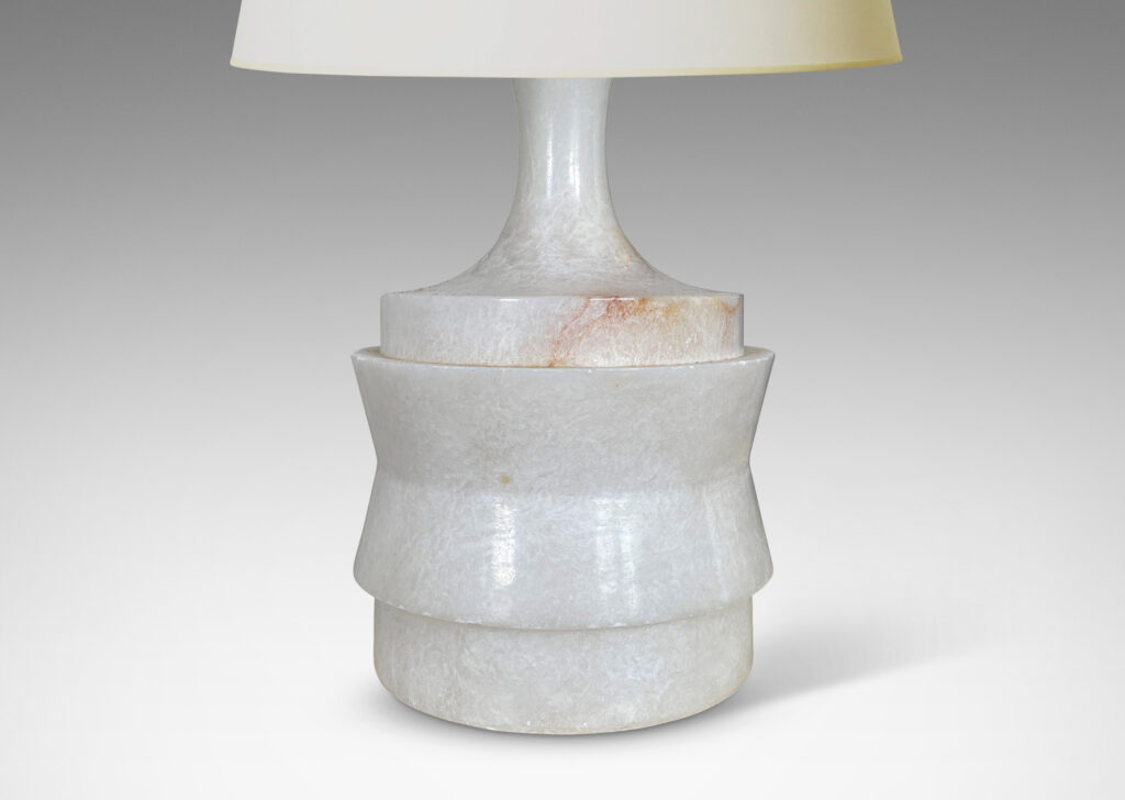 Gallery BAC drum forms with angled sides and coved stands, lathed from solid alabaster