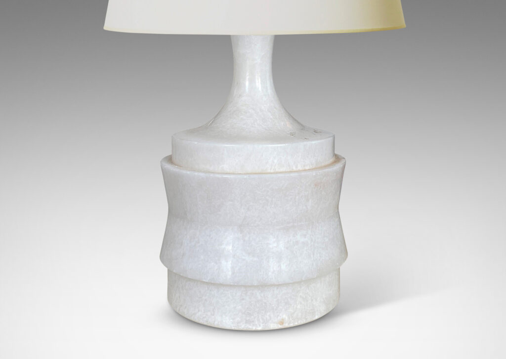 Gallery BAC drum forms with angled sides and coved stands, lathed from solid alabaster