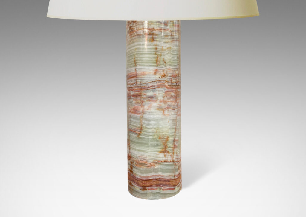 Gallery BAC cylindrical forms in wonderfully figured cross-cut green, rust and ivory onyx