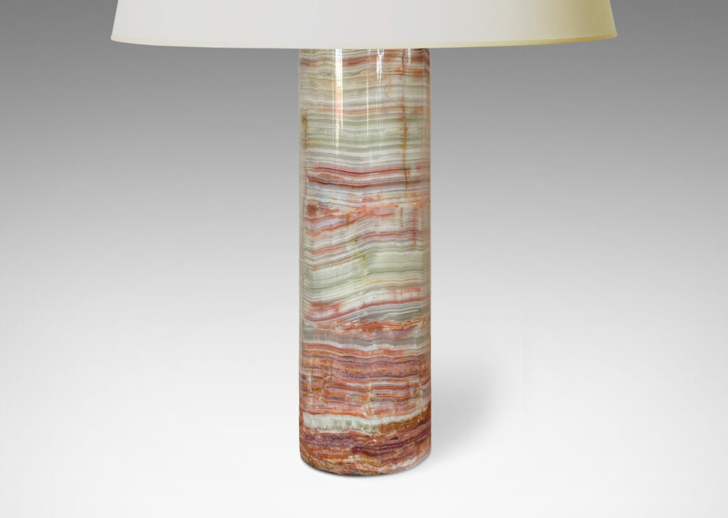 Gallery BAC cylindrical forms in wonderfully figured cross-cut green, rust and ivory onyx