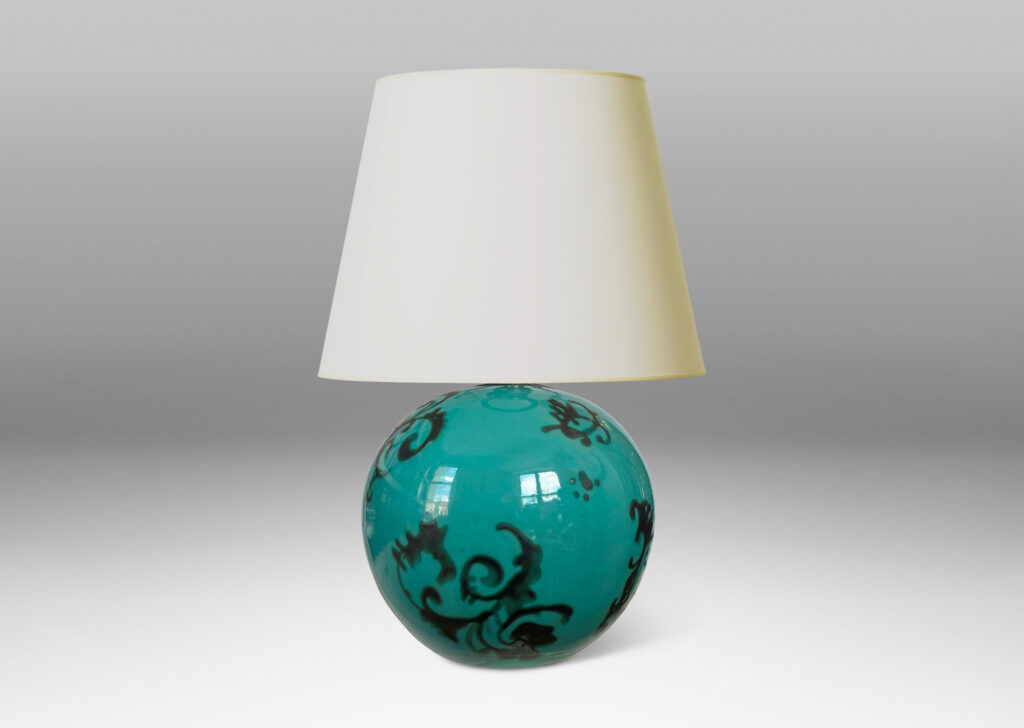 Gallery BAC globe form, glazed in cerulean with floating baroque motifs in gray luster