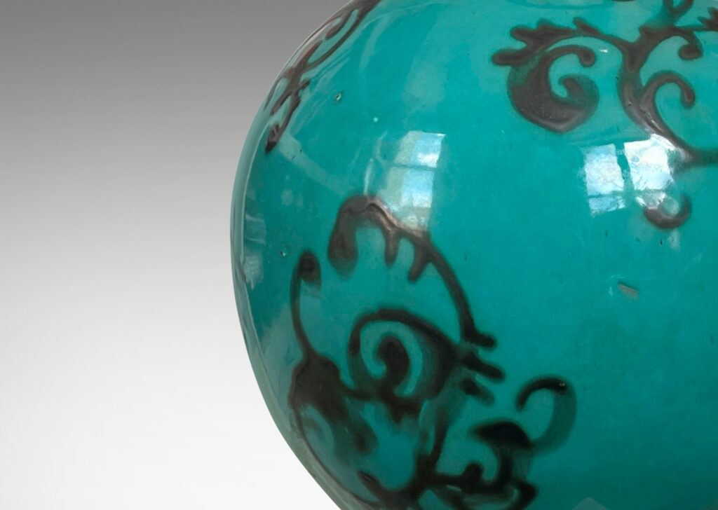 Gallery BAC globe form, glazed in cerulean with floating baroque motifs in gray luster