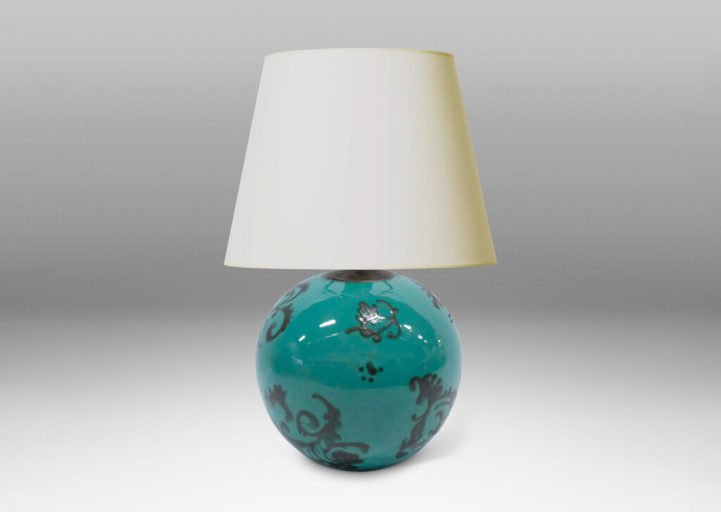 Gallery BAC globe form, glazed in cerulean with floating baroque motifs in gray luster